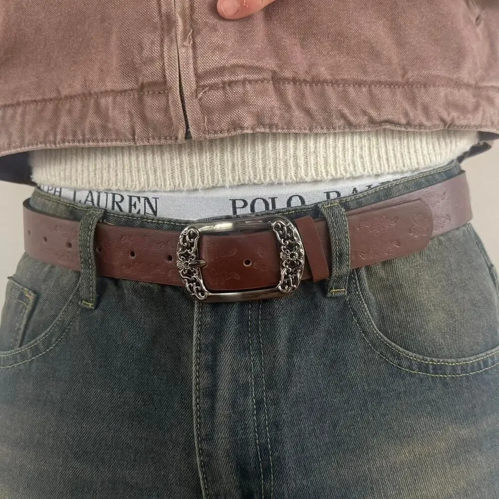 Y2K Style Brown American Western Floral Design Belt